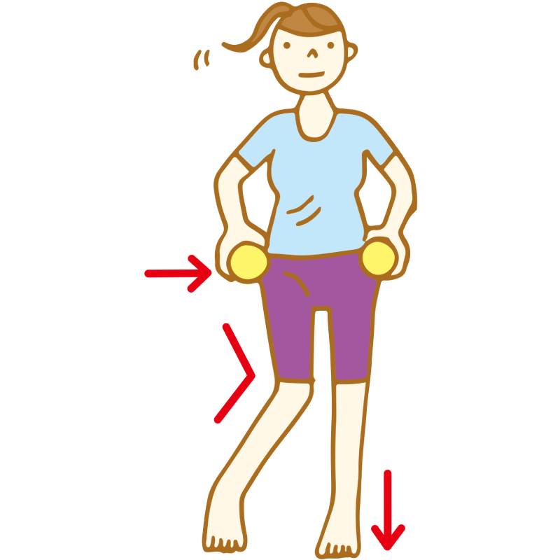 今度は右ひざを軽く内側に曲げながら、左に腰を動かし、体重を左側に乗せる。このとき左ひざは曲げない