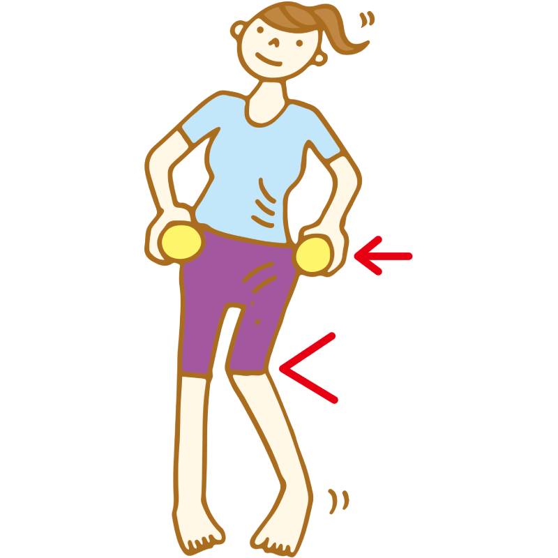 左ひざを思い切り内側に曲げながら右に腰を動かし、体重を右足に乗せる。このとき右ひざは曲げないように意識する