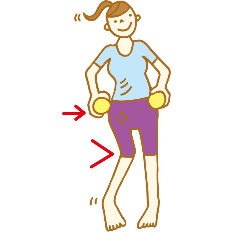 今度は右ひざを思い切り内側に曲げながら左に腰を動かし、体重を左足に乗せる。このとき左ひざは曲げないように意識する