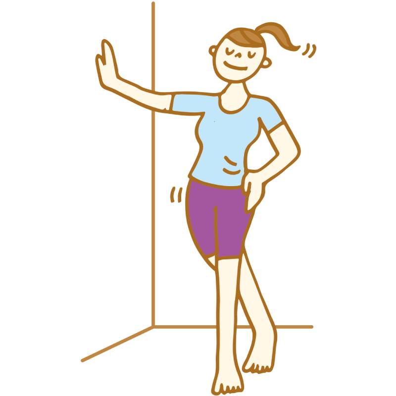 左手で腰をグーッと壁の方に押し、右の中殿筋を伸ばす。自然に呼吸しながら30秒間キープし、ゆっくり戻す