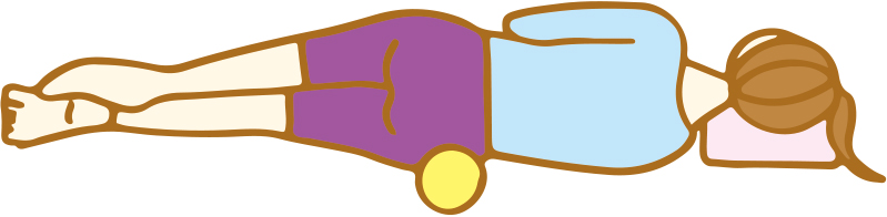 体の右側を下にして寝て頭を枕に乗せ、両ひざを軽く曲げる。テニスボール2個を下のイラストのAの位置と、BかCの位置に並べて置き、体重をかける