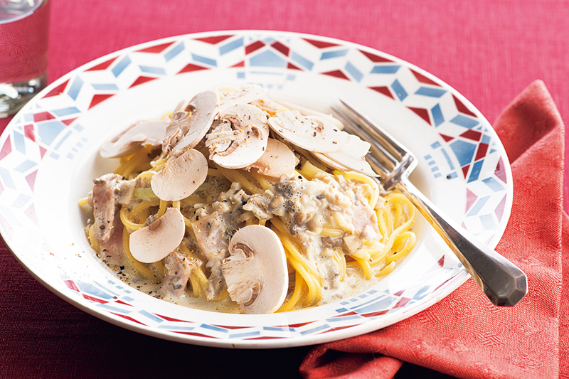 「きのことねぎの豆乳クリームパスタ」