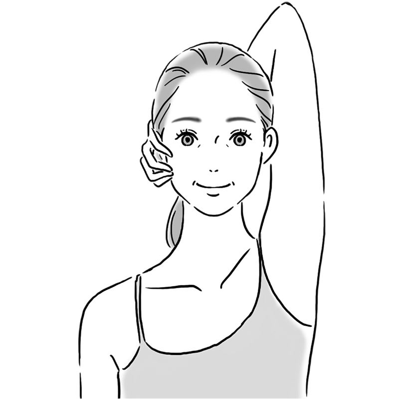 顔を正面に向け、咬筋を指でマッサージ（イラスト／奥川りな）