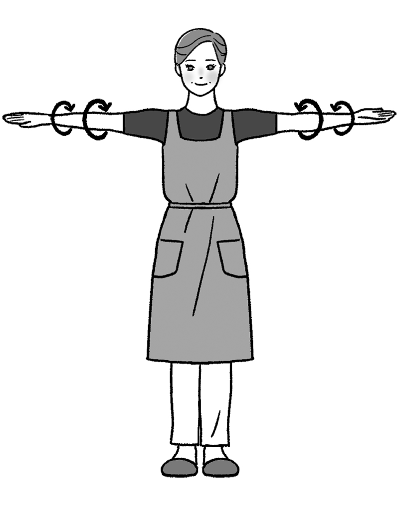 両手を開き、肩甲骨から腕をくるくると後ろに10〜30回まわす