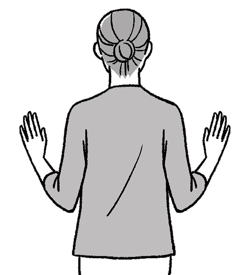 背筋を伸ばし、ひじを曲げてわきを締める。手の位置は肩の高さより少し下に