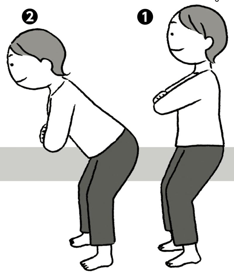 【1】両足を肩幅に開き、ひざは軽く曲げて胸の前で腕を組む。【2】背筋を伸ばし、ゆっくり上半身を前に倒し、元に戻す。