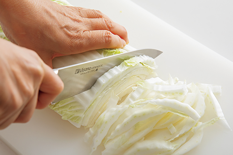 白菜を切っている
