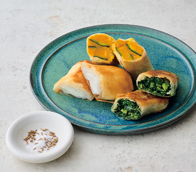 「かぼちゃの春巻き」「里いもの春巻き」「春菊の春巻き」