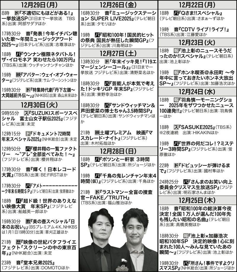 ドラマ、バラエティー、音楽、スポーツなど朝から見どころたっぷりの年末年始の番組を一挙に表で紹介！なかでも三が日には、この日にしか見られないスペシャル番組が多いので絶対保存！（C）平野哲郎、浅野剛