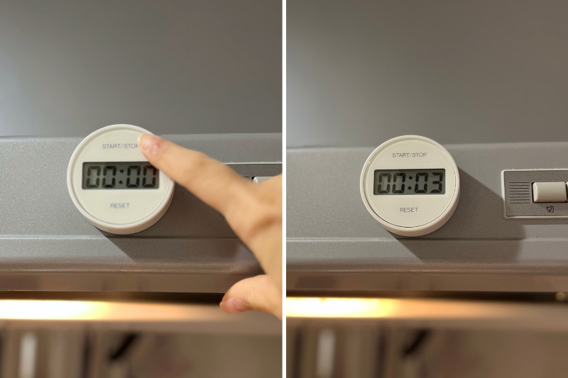 左：「00:00」の状態から「START／STOP」部分を押すと…　右：カウントアップされていく！