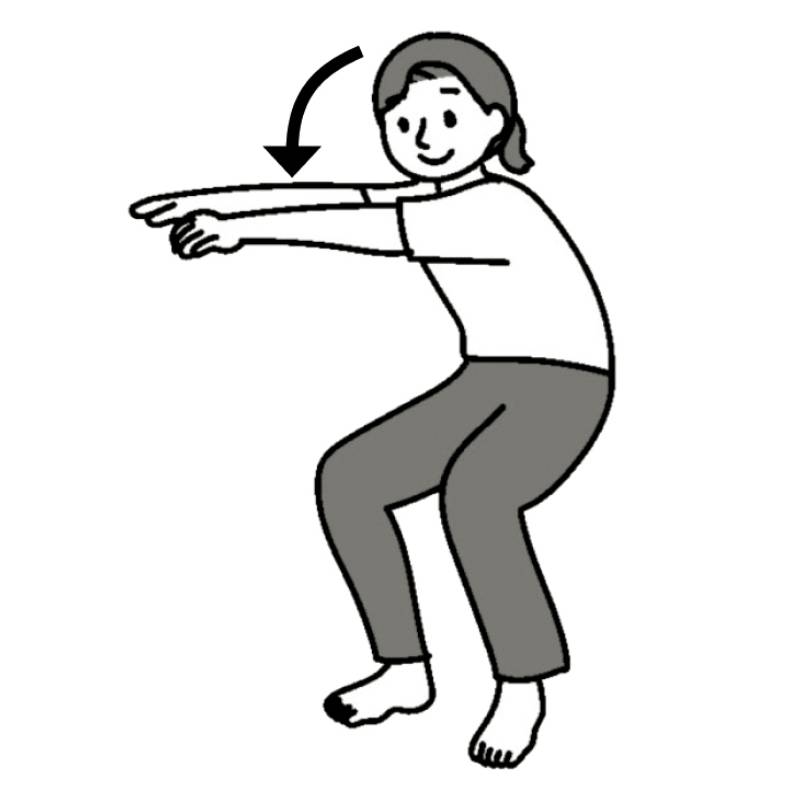 背中が丸まらないようゆっくりひざを曲げる（イラスト／藤井昌子）