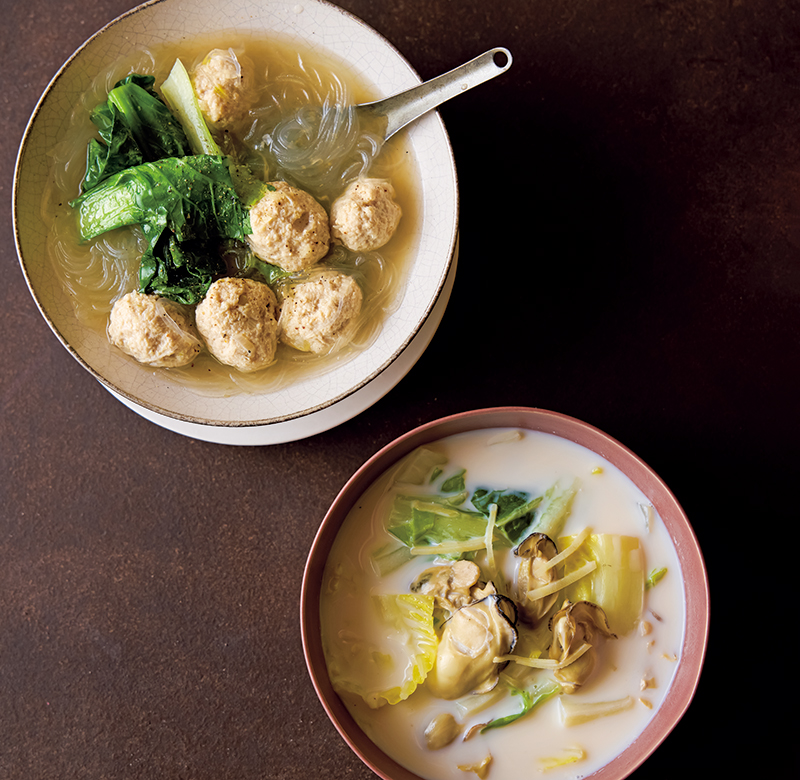「ふわふわ豚団子のはるさめしょうがスープ」（上）と「白菜とかきのミルクしょうがスープ」（下）