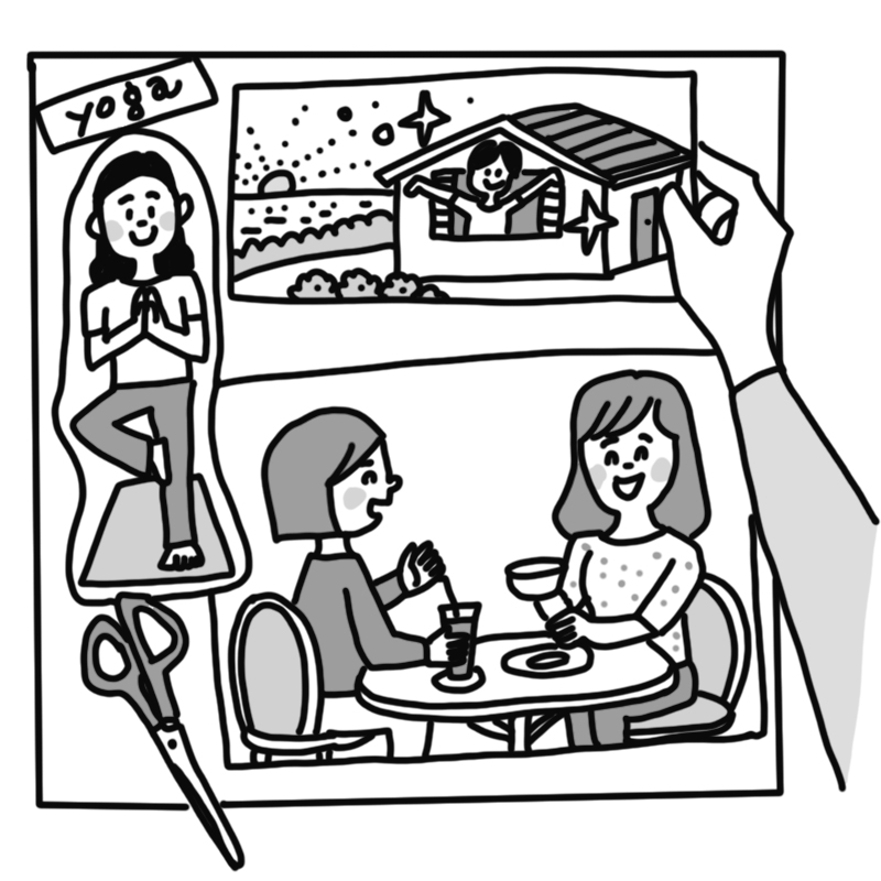 「ハツラツとした未来の私」をイメージしたビジョンボード（イラスト／かたおか朋子）