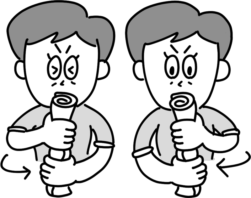 手を上下に入れ替えて繰り返す「ぞうきん絞り」（イラスト／つぼいひろき）