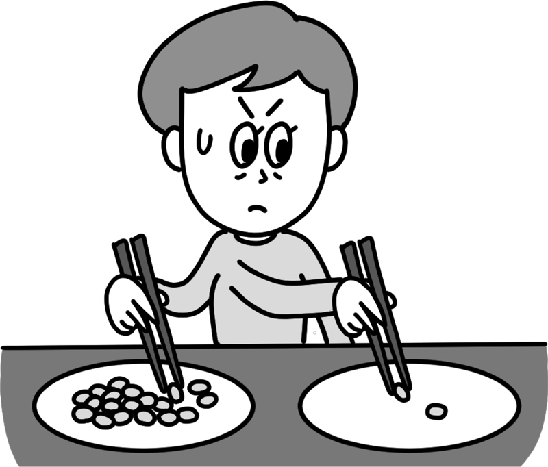 豆を1粒ずつ移動させる「箸で豆を掴む」（イラスト／つぼいひろき）