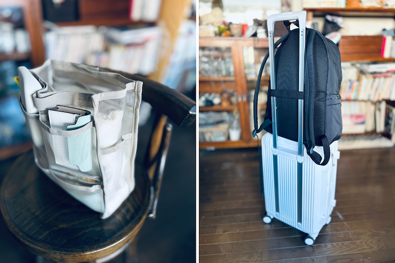 左：通販で購入したリュック用のバッグインバッグで整理　右：キャリーバッグに乗せて引っかける「ベルト」付きで地味に便利