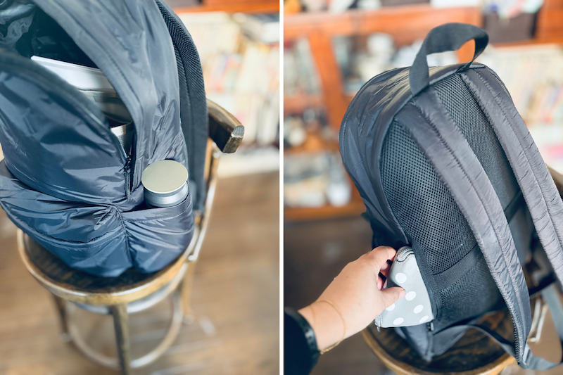 サイドはもちろん、リュックを背負ったまま出し入れできる背面ポケットなど収納力も◎