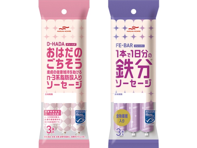 左から『MSC DHADA(ディーハダ)おはだのごちそう 皮膚の健康維持を助けるn-3系脂肪酸入りソーセージ 30g3本入』、『MSC FE-BAR 1本で1日分の鉄分ソーセージ 30g3本入』各216円（編集部調べ）