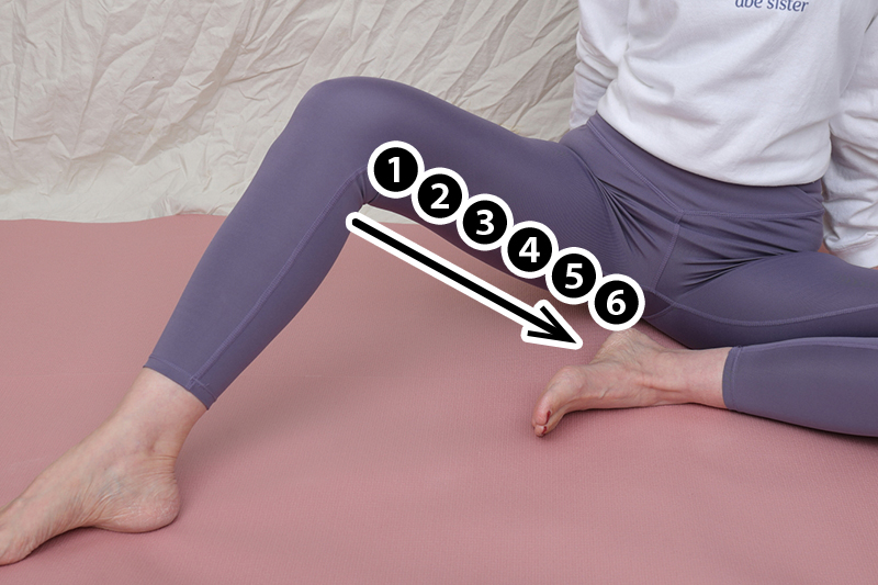 内転筋群を6か所（【1】〜【6】）に分けて、順につまみほぐす