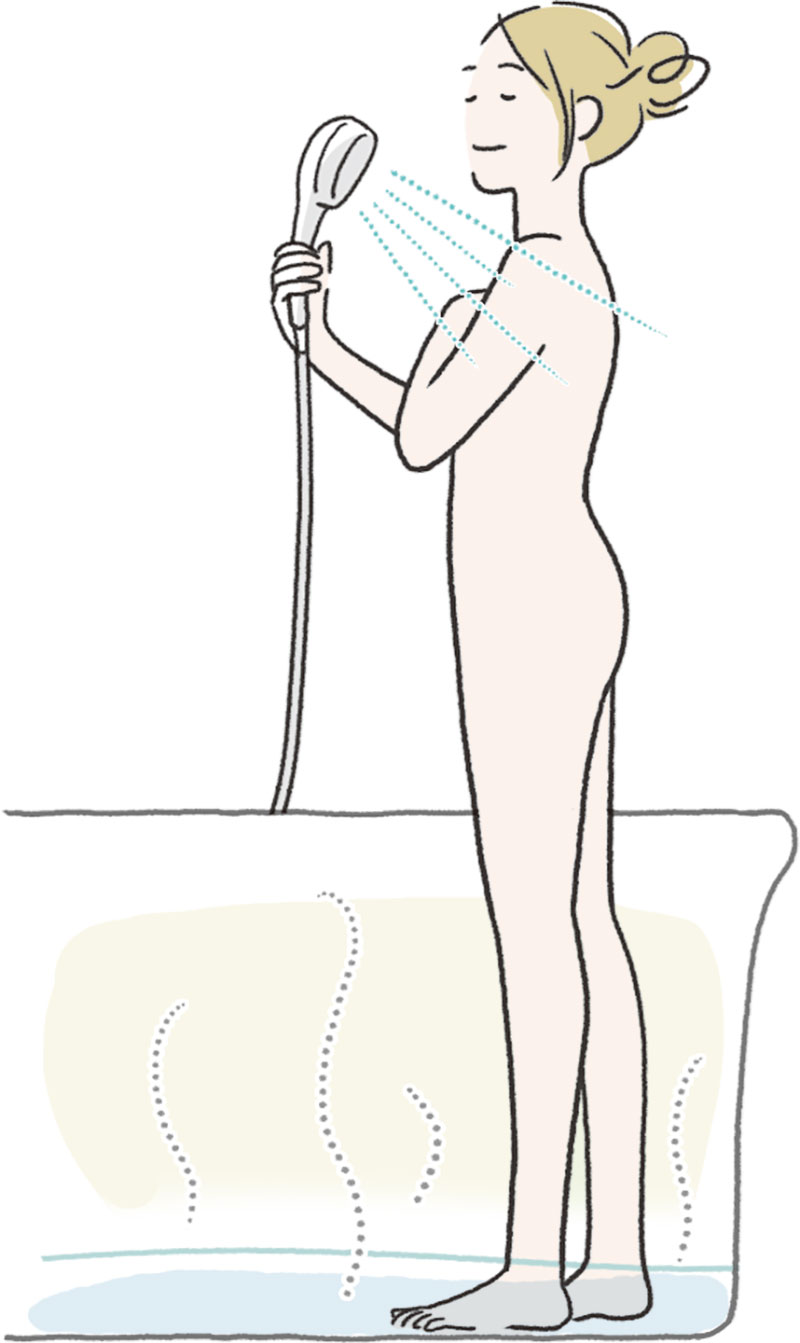 バスタブに10㎝ほど湯を張り、足を浸したままシャワーを浴びる（イラスト／上田惣子）