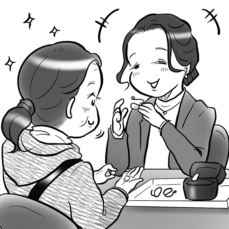 さまざまな店で試用し、購入を決めたのは3年前（イラスト／たばやん）