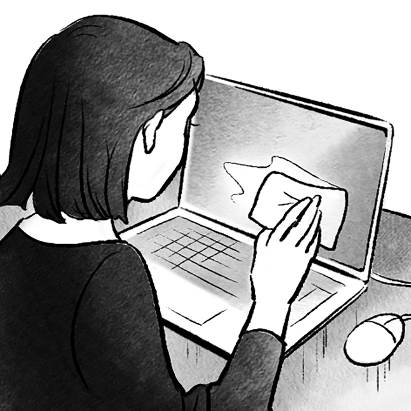 仕事を始める前に、机やパソコンの画面など、使う場所を拭いてきれいに（イラスト／ico.）