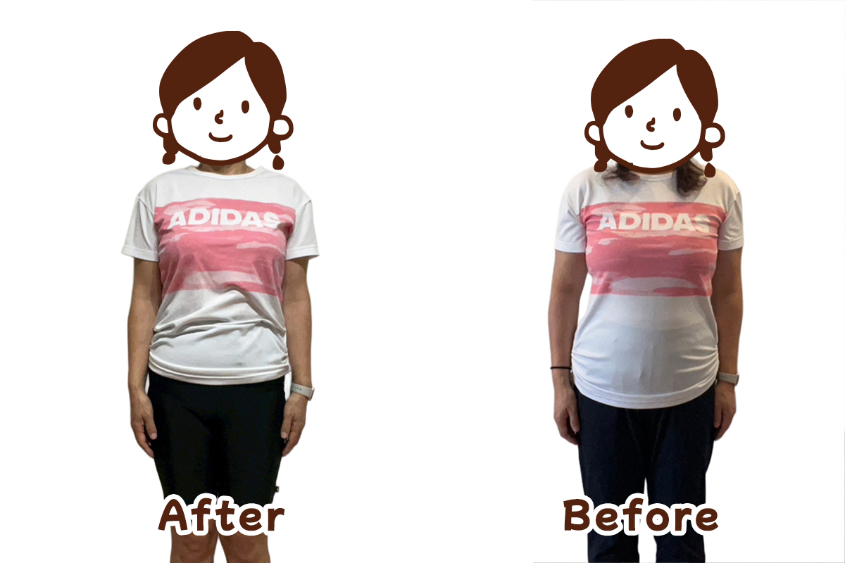 Before（体重74.7kg、ウエスト90cm）で9か月後After（体重62.7kg、ウエスト78cm）