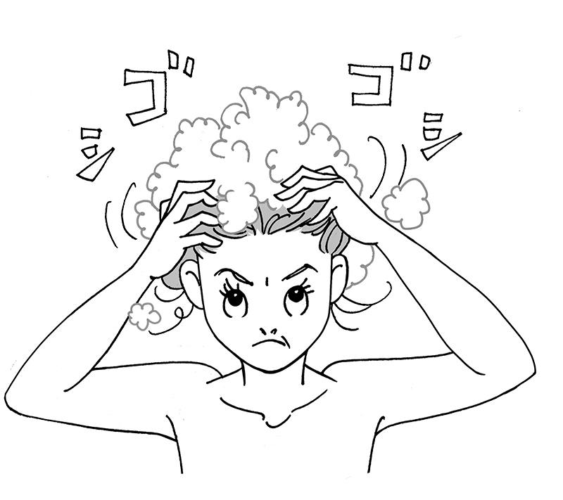 ガシガシ洗うはNG！髪の表面しか洗えていない（イラスト／雨月衣）