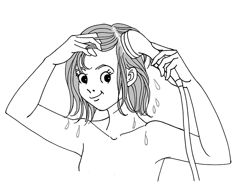 シャンプーをつける前に重要なのが、頭皮全体を湯でしっかりと濡らすこと（イラスト／雨月衣）
