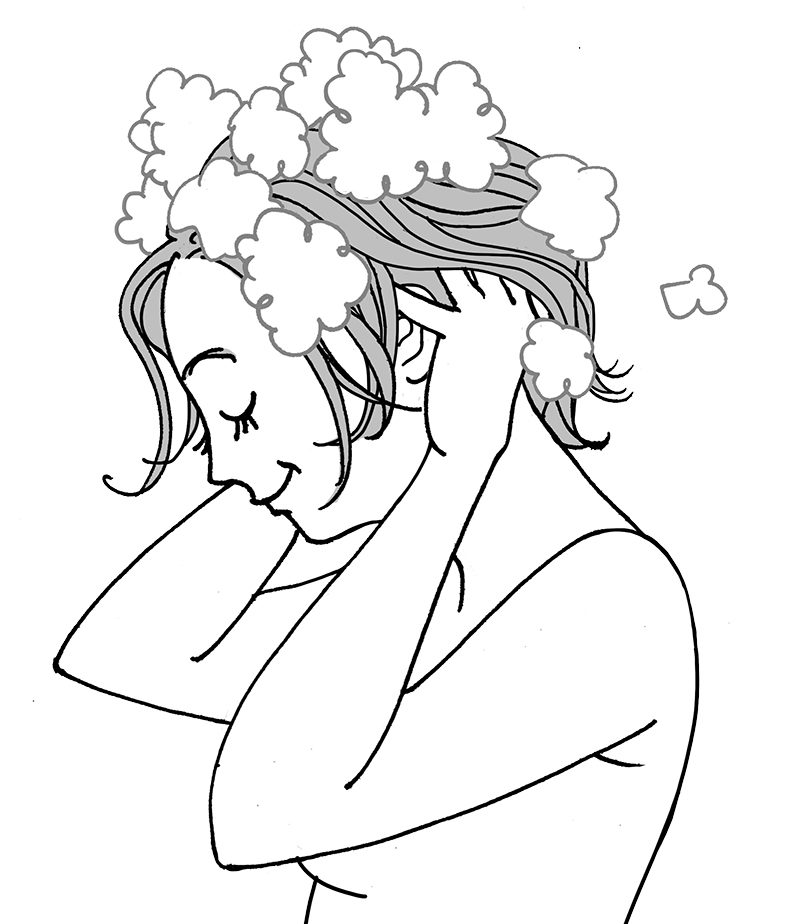 泡をクッションにして、頭皮と髪を泡でパックするイメージで（イラスト／雨月衣）