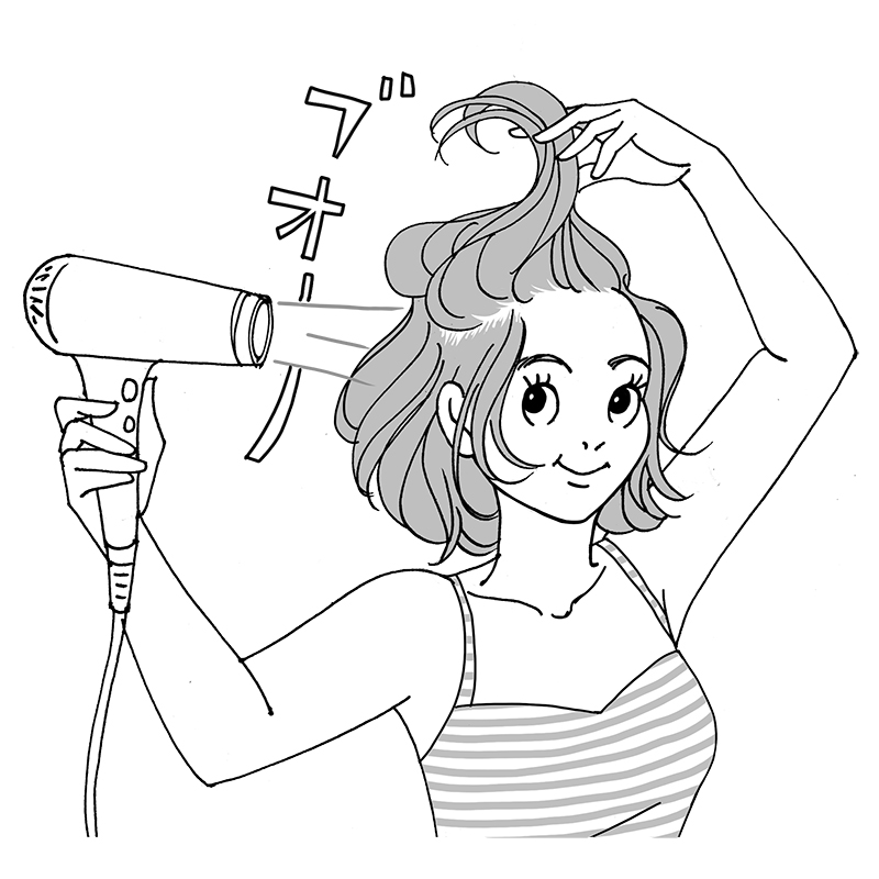 根元からかき上げるように15～20cm離れた位置からドライヤーの風をあてる（イラスト／雨月衣）