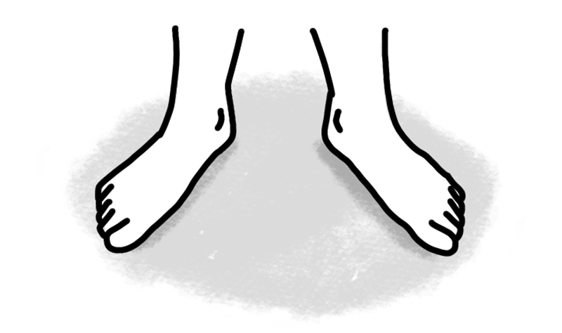 足先を内側に向けるときは、両足の親指同士がつくように意識し、かかとは動かさない（イラスト／鈴木みゆき）