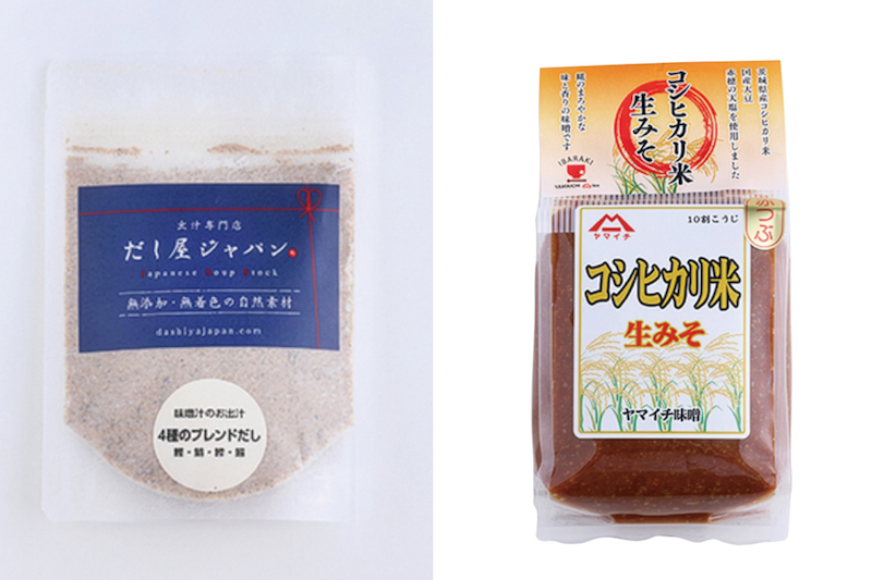 左・だし屋ジャパン『4種のブレンド粉末だし』、右・ヤマイチ味噌『コシヒカリ米生みそ』