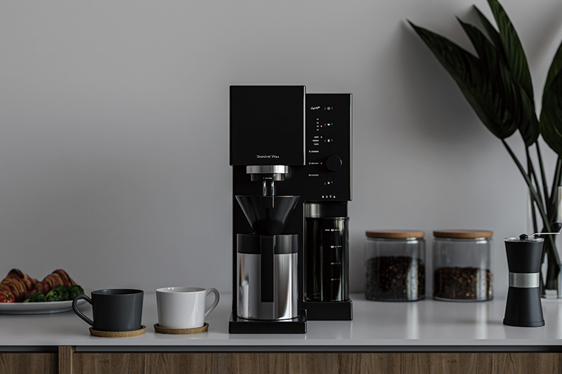 外形寸法／高さ425×幅227×奥行321mm。質量／約4.9kg。計量カップが付属。好みのドリッパーとノズルを取り付け、ドリッパーにペーパーフィルターとコーヒー粉、タンクに水をセット。カップ数（1〜4杯）と焙煎度、抽出モードを設定する