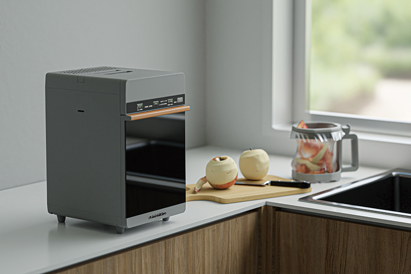 外形寸法／高さ359×幅216×奥行254mm（突起部を除く）。質量／約4.5kg（バスケット搭載時）。標準処理時間（室温25℃の環境において、同社試験生ごみで運転した場合）／300g（約4.5〜6.5時間）、500g（約5.5〜7.5時間）、700g（約6〜8時間）、1000g（約9〜11時間）。ポリ袋（12号）10枚と取扱説明書が同梱