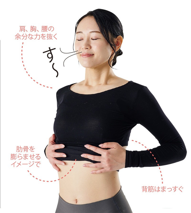 【1】肋骨に軽く両手を添え鼻から3秒かけて息を吸いお腹と胸に空気を入れる