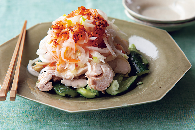 「ねぎだく新玉ねぎのナムル」のアレンジ1：新玉だれの棒棒鶏風