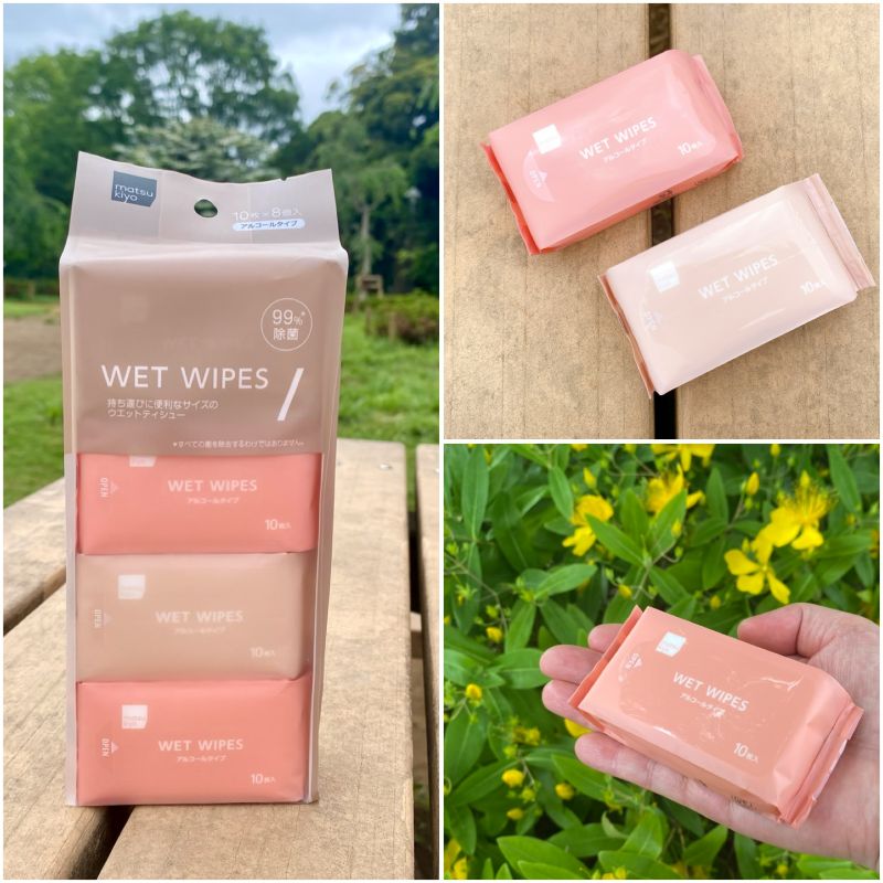 「matsukiyo WET WIPES」。ミニサイズのウエットティシューが8個入って393円（税込）