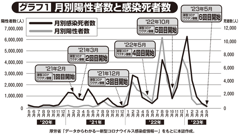 月別陽性者数と感染死者数