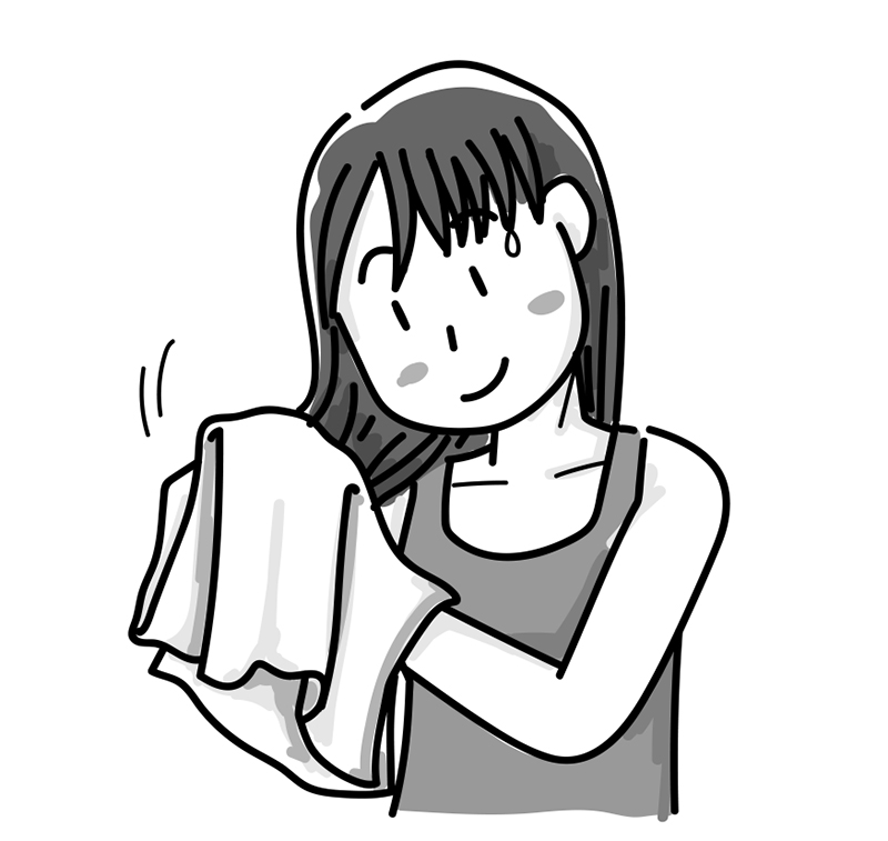 タオルドライでドライヤーの使用時間を短縮（イラスト／さややん。）