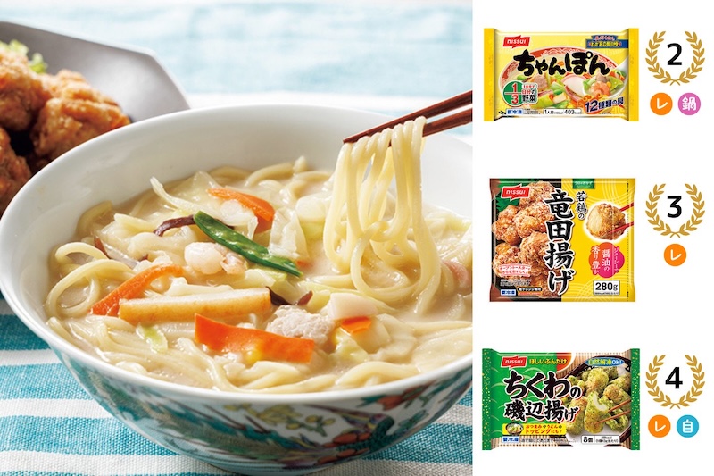 2位：具だくさん わが家の麺自慢 ちゃんぽん、3位：今日のおかず 若鶏の竜田揚げ、4位：ほしいぶんだけちくわの磯辺揚げ