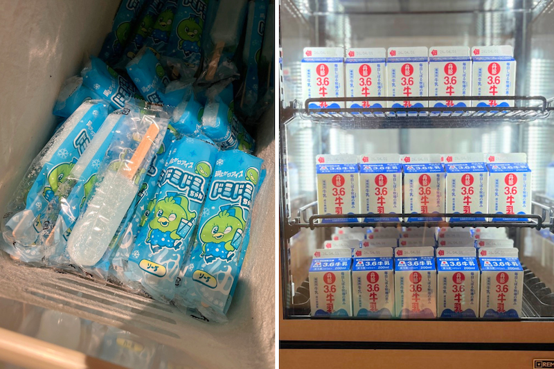 湯上がり処では、オリジナルアイスの「ドミドミちゃん（ソーダ味）」や、静岡生まれの「丹那牛乳」がいただける