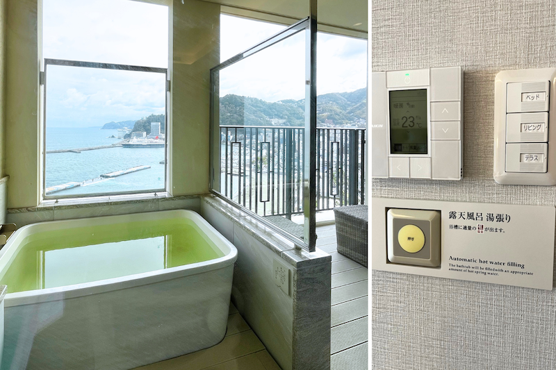 ボタンひとつでお湯張りできる客室露天風呂