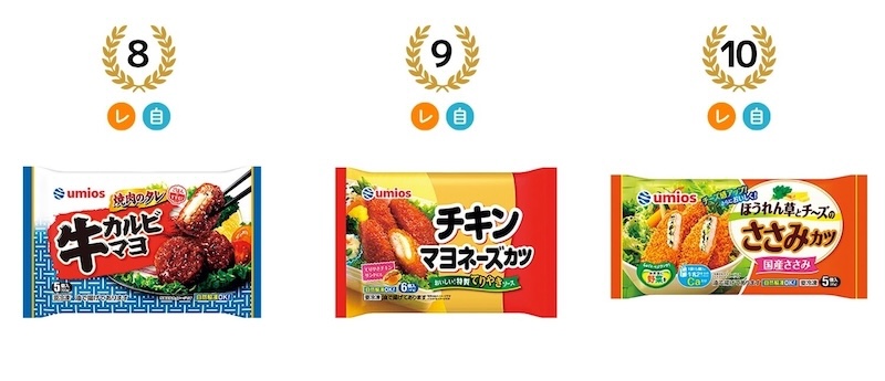 8位：牛カルビマヨ、9位：チキンマヨネーズカツ、10位：ほうれん草とチーズささみカツ