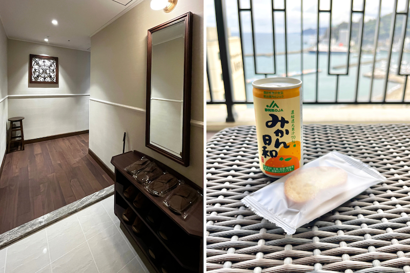 左：客室ラビスタフォースの広々とした入り口　右：お着き菓子の「伊豆レモンラスク」と、客室に備え付けの冷蔵庫に入っていたサービスドリンク「みかん日和」でまずは一服