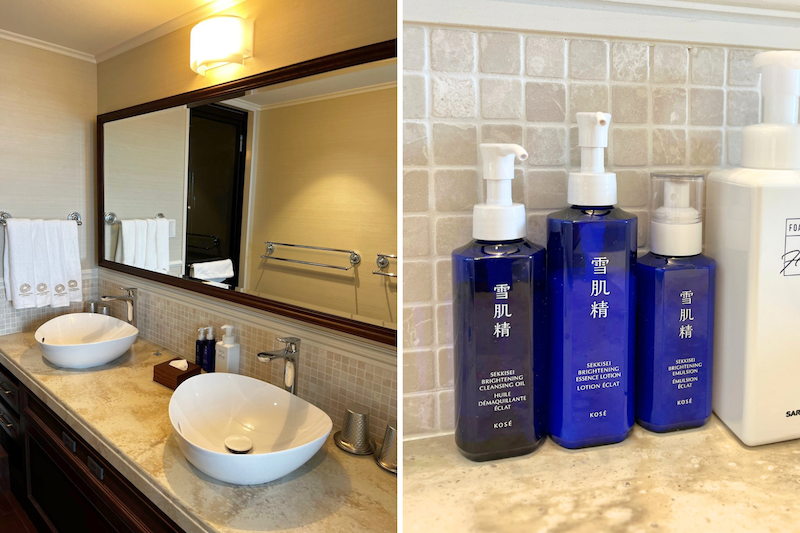 左：広々とした洗面台　右：スキンケアアメニティは「雪肌精」