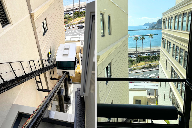 国道135号に面した1階からホテル6階までは、スロープカーでアクセス