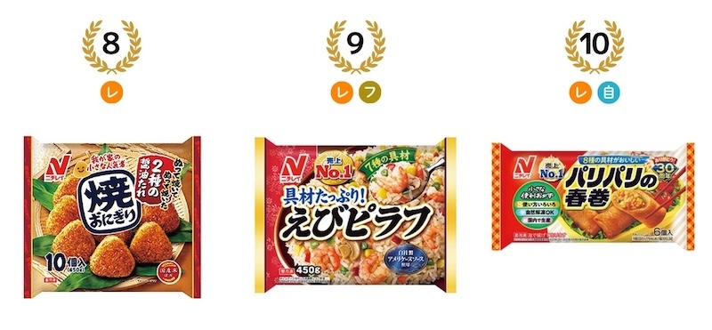 8位：焼おにぎり 10個入、9位：えびピラフ、10位：パリパリの春巻