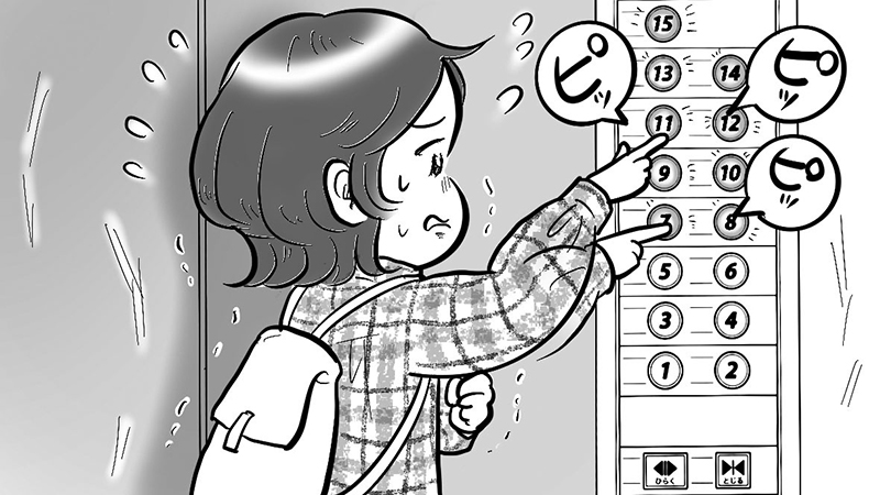 「すべての階のボタンを素早く押す」（イラスト／たばやん）