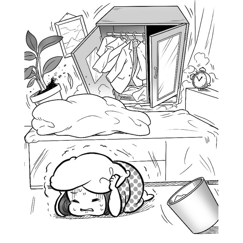 「枕元に靴やライトを備えておく」（イラスト／たばやん）